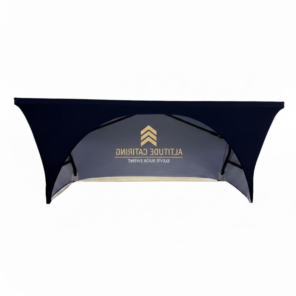 6’ Sublimated Table Cloth, Stretch Curved Fit, 3 Sided, Open Back