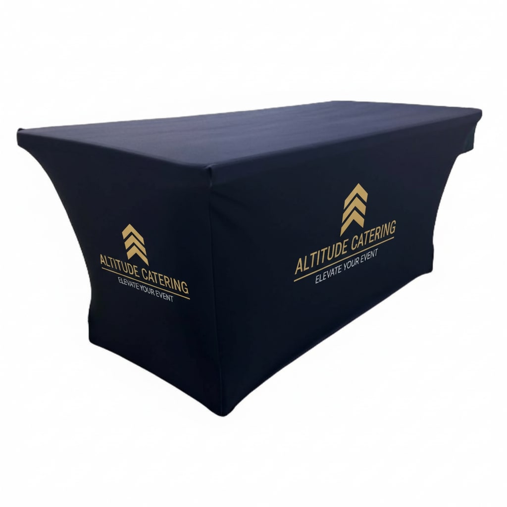 6’ Sublimated Table Cloth, Stretch Curved Fit, 3 Sided, Open Back