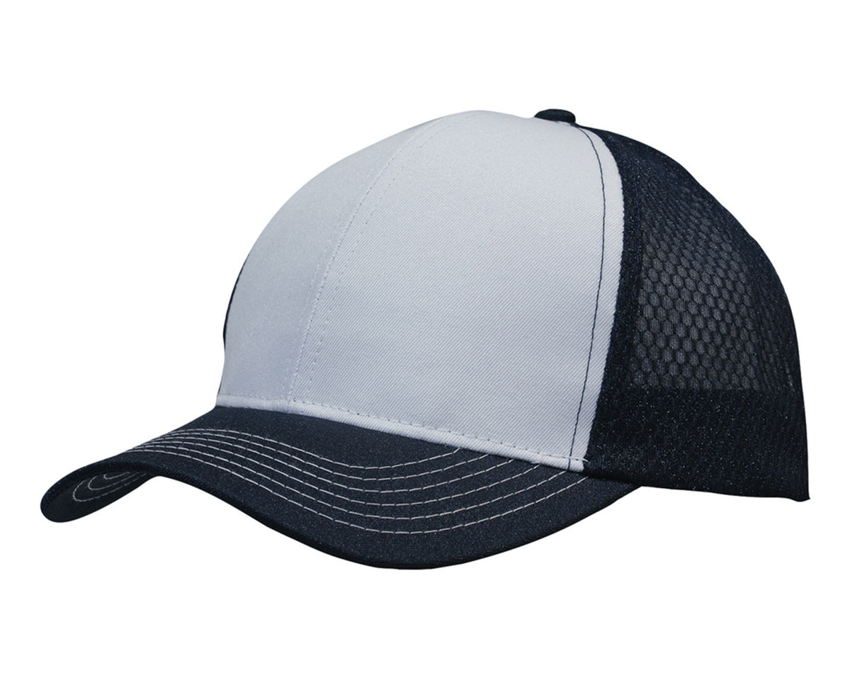 Breathable Poly Twill With Honeycomb Mesh - White/Navy