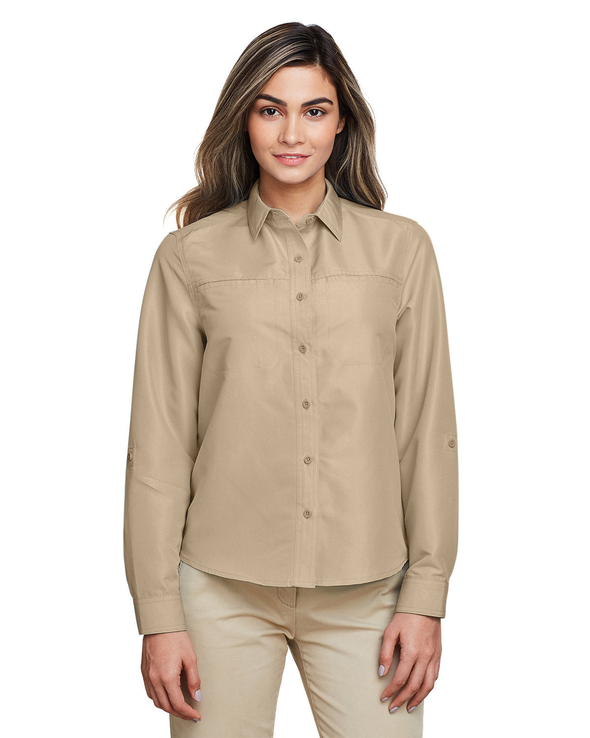 Harriton Ladies' Key West Long-Sleeve Performance Staff Shirt - Khaki